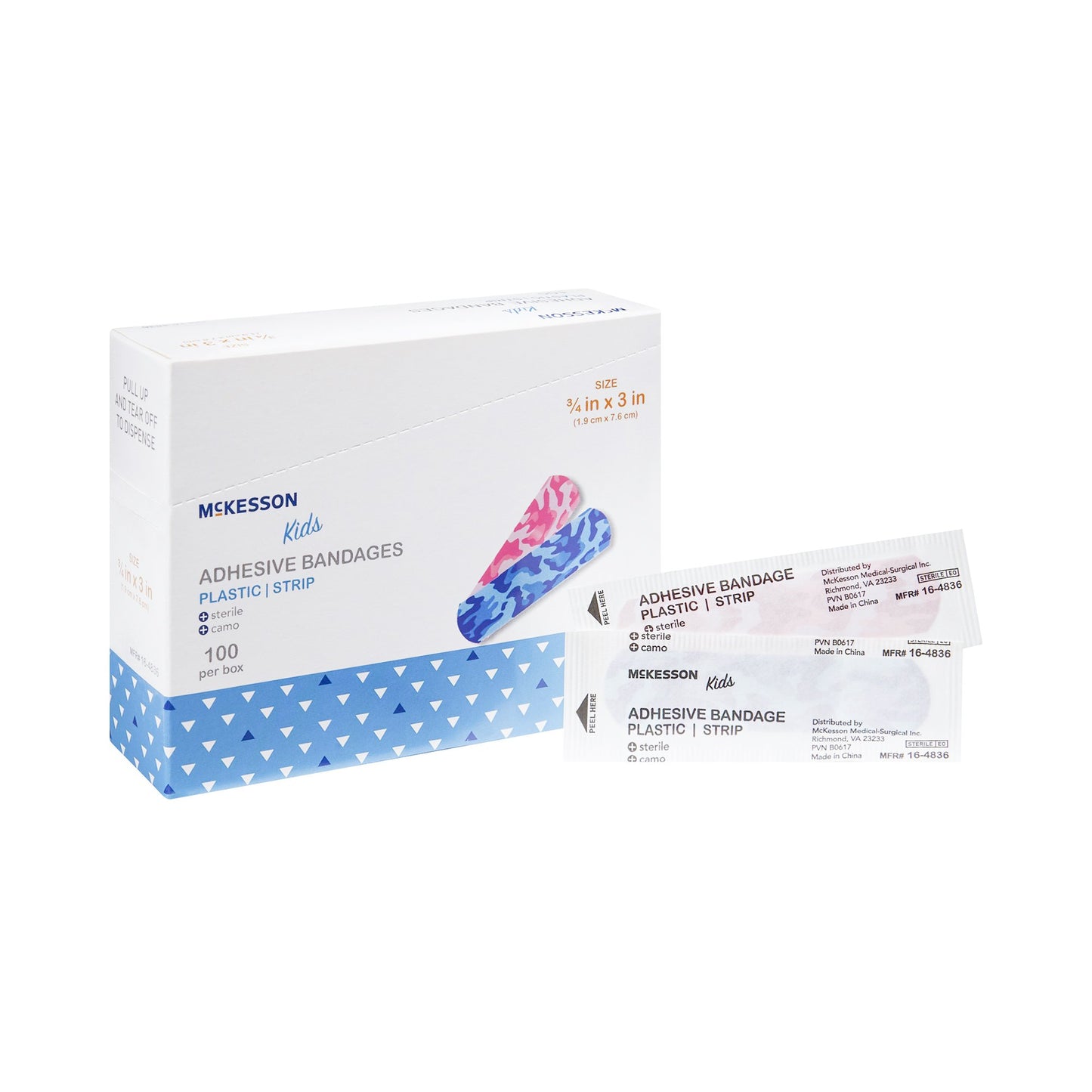 BANDAGE, ADHSV MCKID BLU/PNK CAMO STRIP 3/4"X3" (100 BAND-AIDS)