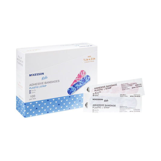 BANDAGE, ADHSV MCKID BLU/PNK CAMO STRIP 3/4"X3" (100 BAND-AIDS)