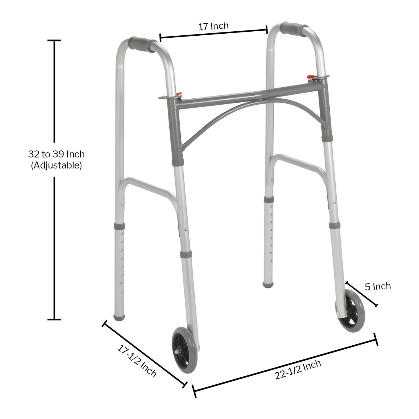 WALKER, DUAL FOLD STEEL ADLT 350LB W/5" WHEELS
