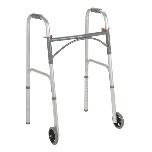 WALKER, DUAL FOLD STEEL ADLT 350LB W/5" WHEELS