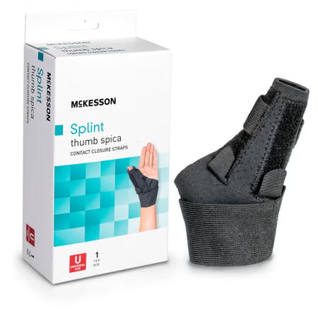 Wrist Brace with Thumb Spica McKesson Low Profile Nylon / Aluminum / Neoprene / Polyester / Spandex / Acrylic Left or Right Hand Black One Size Fits Most
