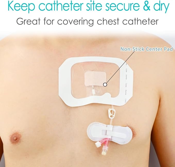 Chemo Port Shower Covers with Non-Stick Center Pad, 4" x 4.75" Waterproof Dialysis Catheter PD Tube Chest Picc Line Transparent Dressing for Peritoneal Dialysis Wounds