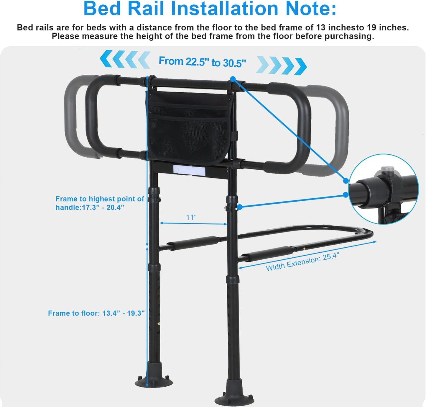 Bed Rails for Elderly Safety – Grab Bar with Pocket & Motion Sensor Light, Fits King/Queen/Full/Twin (Black)