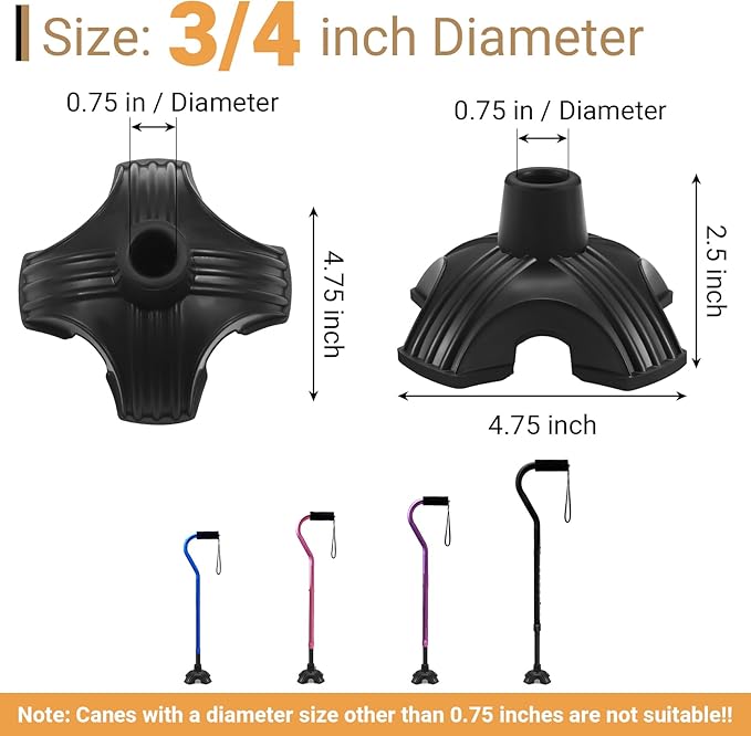 Non-Slip Replacement Quad Cane Tip, Heavy Duty 4 Prong Rubber Cane for Most Walking Canes, Walking Sticks, Folding Cane
