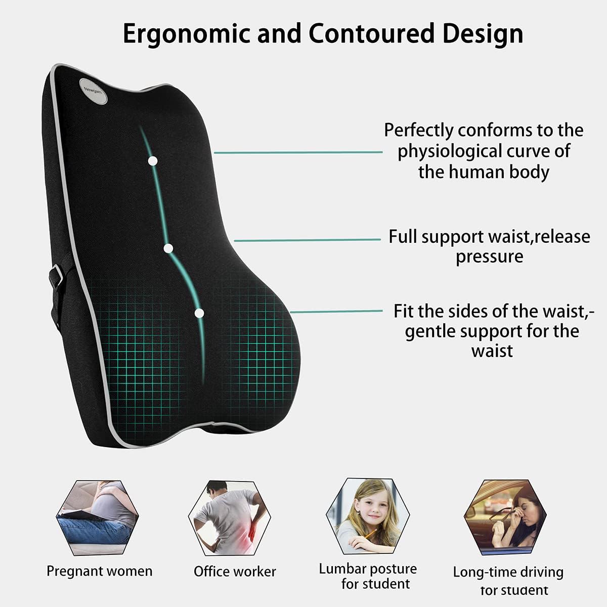 Lumbar Support Pillow – Memory Foam Back Cushion with Breathable Mesh, Ergonomic Design for Car, Office, Wheelchair, Recliner (Grey Edge)