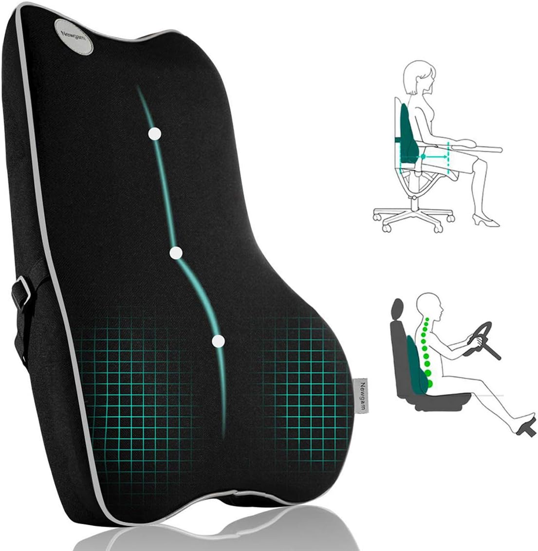 Lumbar Support Pillow – Memory Foam Back Cushion with Breathable Mesh, Ergonomic Design for Car, Office, Wheelchair, Recliner (Grey Edge)
