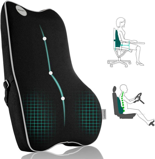 Lumbar Support Pillow – Memory Foam Back Cushion with Breathable Mesh, Ergonomic Design for Car, Office, Wheelchair, Recliner (Grey Edge)