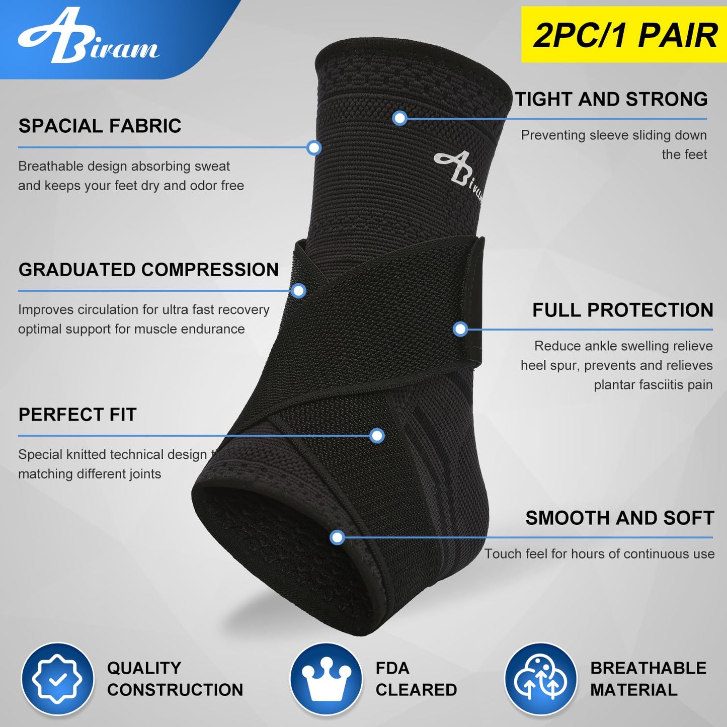 ABIRAM Ankle Brace – Compression Sleeve with Wrap for Sprains, Plantar Fasciitis, Achilles Tendonitis, Men & Women- Large- Black