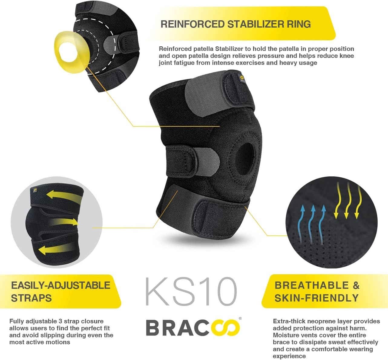 Bracoo KS10 Adjustable Knee Brace – Compression Support for Pain Relief, Injury Recovery, Arthritis, and Sports. One Size Fits Most