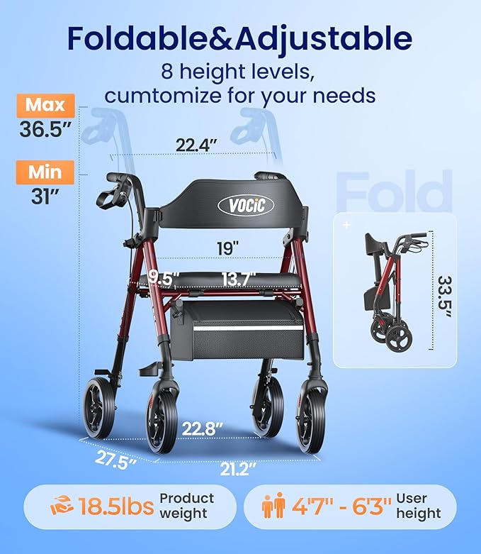 Rollator Walker with Seat Supports 350lb, 8" Big Wheels for All Terrain, Ergonomic Arc Seat & 6" Ultra Backrest Foldable Walker, Dual Height Adjustment, Lightweight