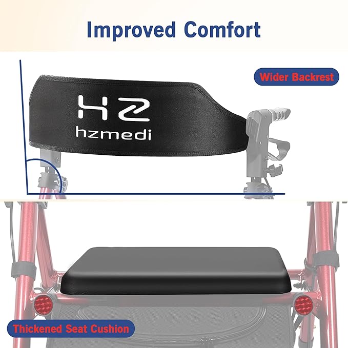 Red Foldable Rollator Walker with Seat, Lightweight Rolling Walker, Dual Height Adjustment, Ergonomic Arc Seat & 6.5" Ultra Backrest, 8" Big Wheels for All Terrain