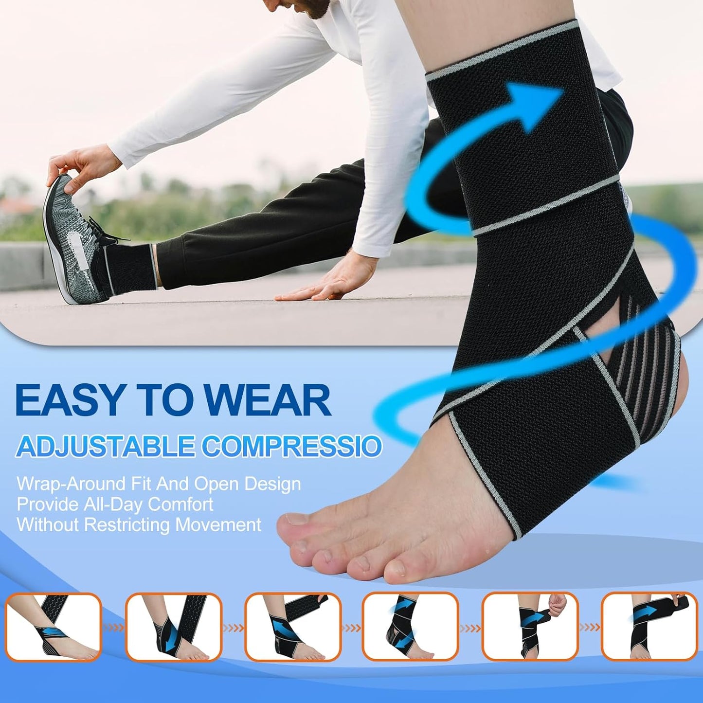 2-Pack Ankle Brace – Adjustable Compression Sleeve with Anti-Slip Support for Achilles, Plantar Fasciitis, Sprains & Sports Injuries One Size Fits Most (Black)