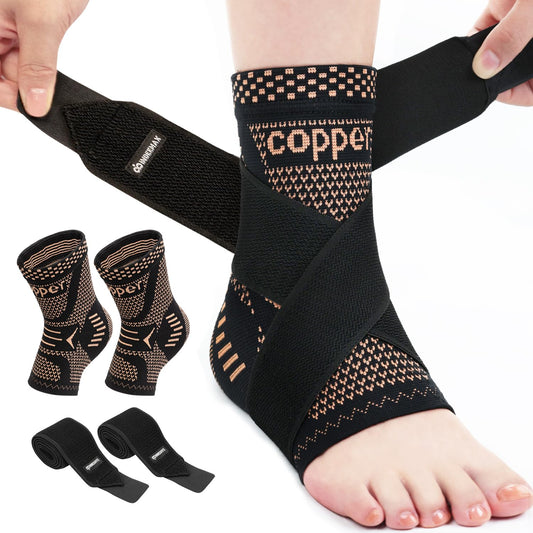 INDEEMAX Copper-Infused Ankle Brace – Compression Support for Sprains, Plantar Fasciitis, Achilles Pain Relief (Black, M)
