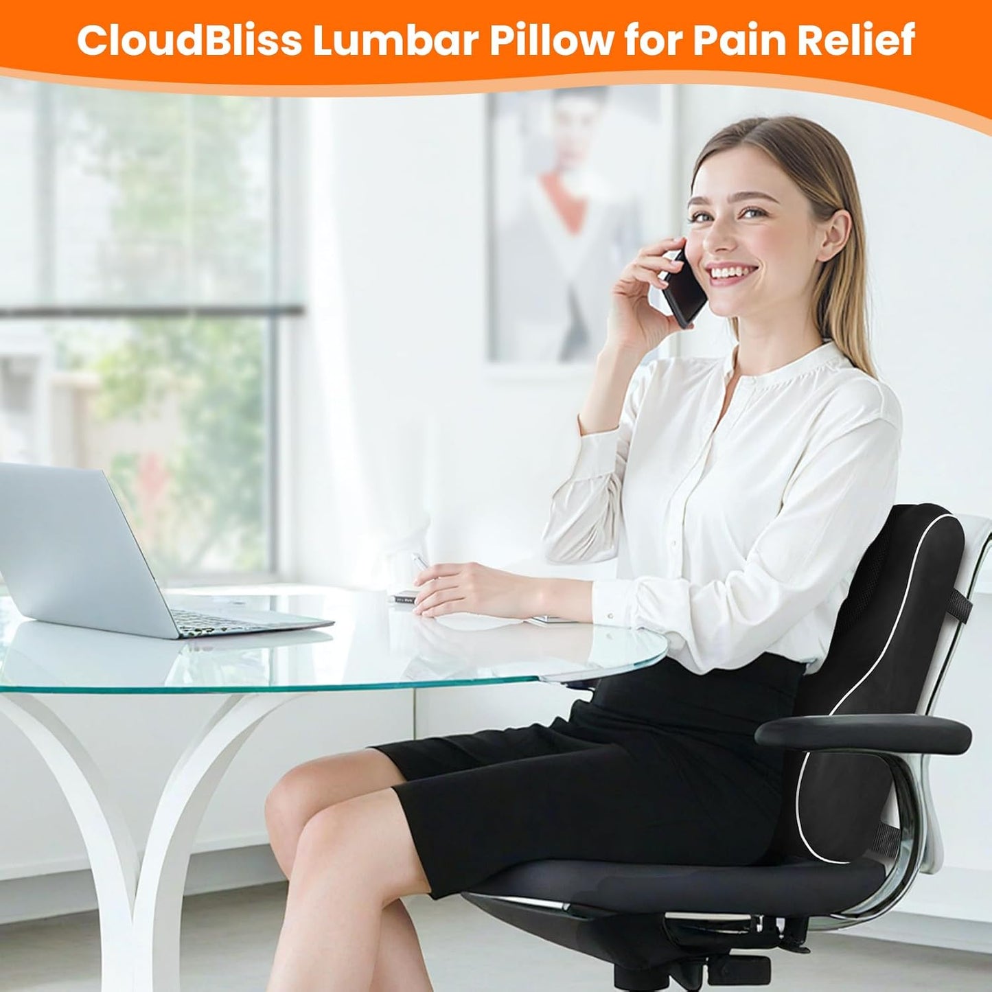 CloudBliss Lumbar Pillow – Memory Foam Back Support with Adjustable Straps & Mesh Cover for Office, Car, Gaming (Black)