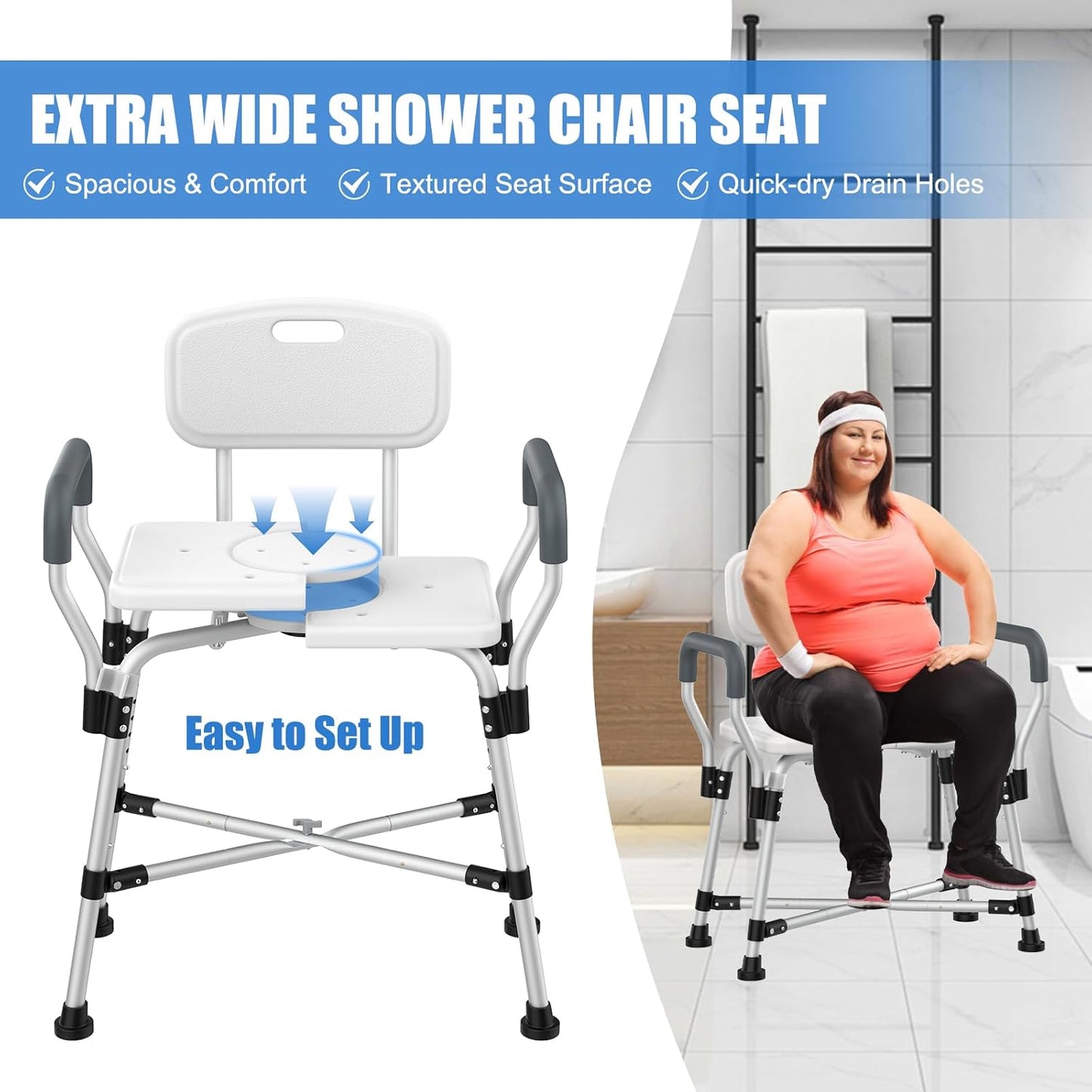 500 lbs Extra-Wide Adjustable Shower Chair with Padded Armrests & Back, Anti-Slip Crossbar Seat for Adults, Elderly, Disabled