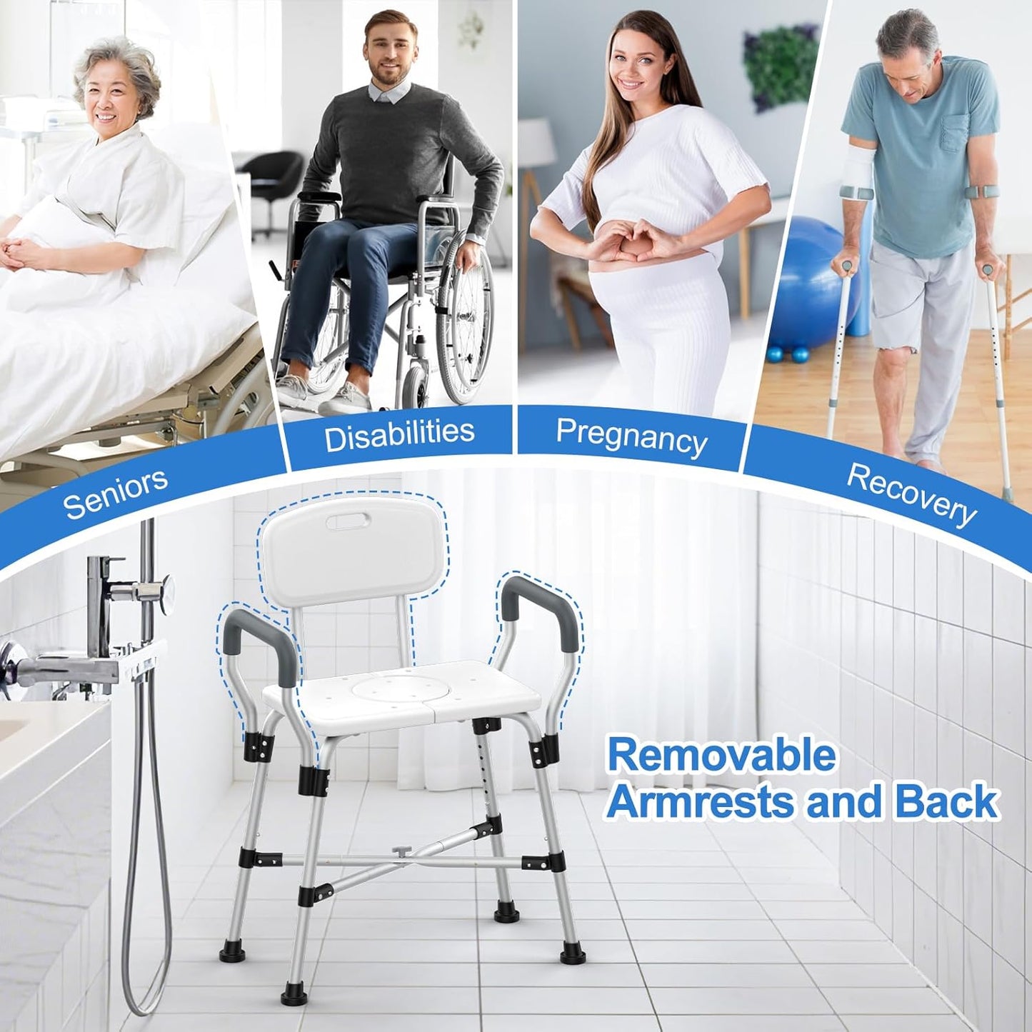 500 lbs Extra-Wide Adjustable Shower Chair with Padded Armrests & Back, Anti-Slip Crossbar Seat for Adults, Elderly, Disabled