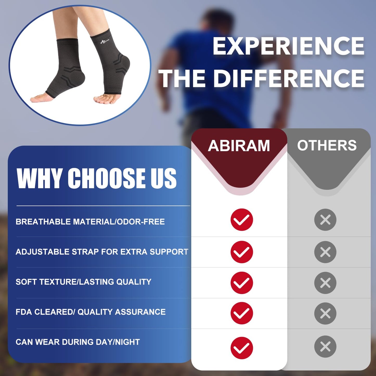 ABIRAM Ankle Brace – Compression Sleeve with Wrap for Sprains, Plantar Fasciitis, Achilles Tendonitis, Men & Women- Large- Black