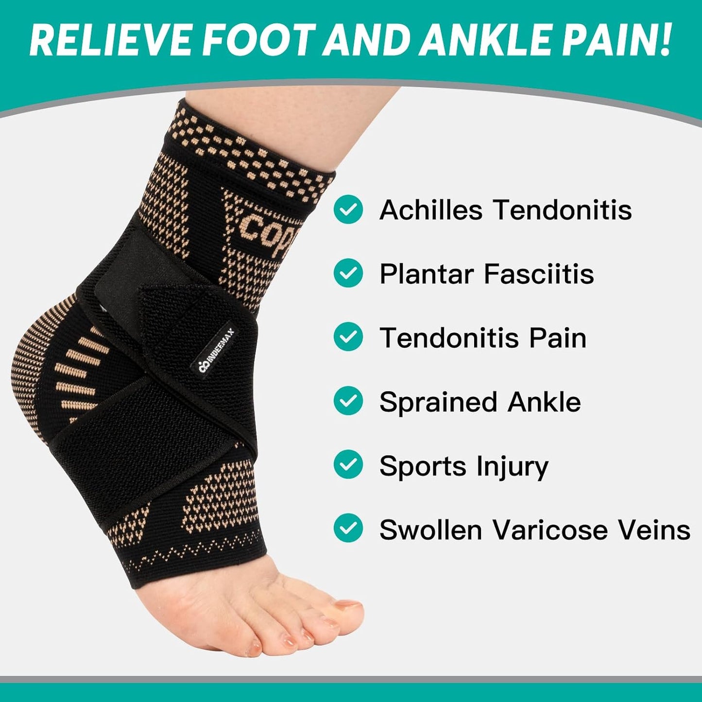 INDEEMAX Copper-Infused Ankle Brace – Compression Support for Sprains, Plantar Fasciitis, Achilles Pain Relief (Black, M)