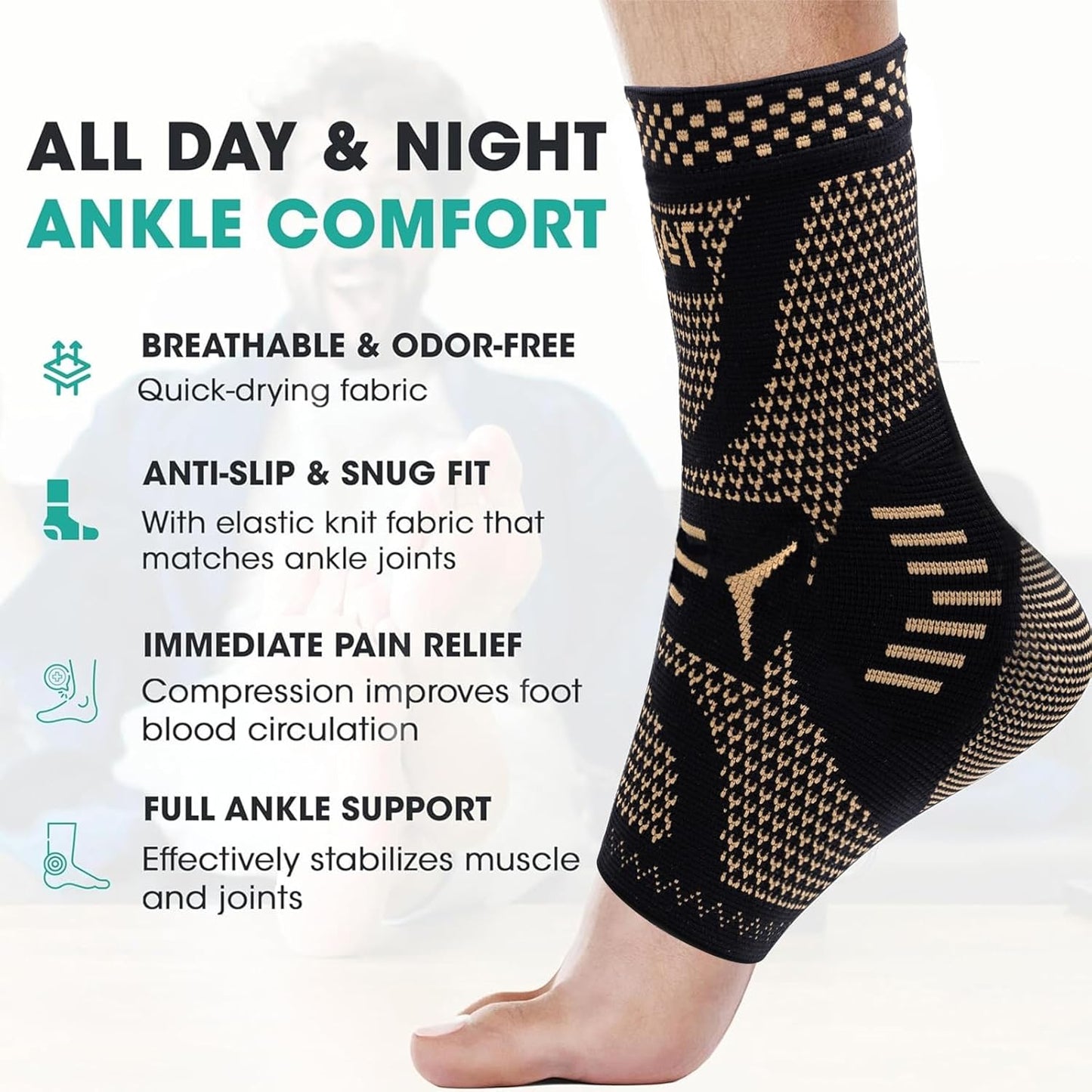 INDEEMAX Copper-Infused Ankle Brace – Compression Support for Sprains, Plantar Fasciitis, Achilles Pain Relief (Black, M)