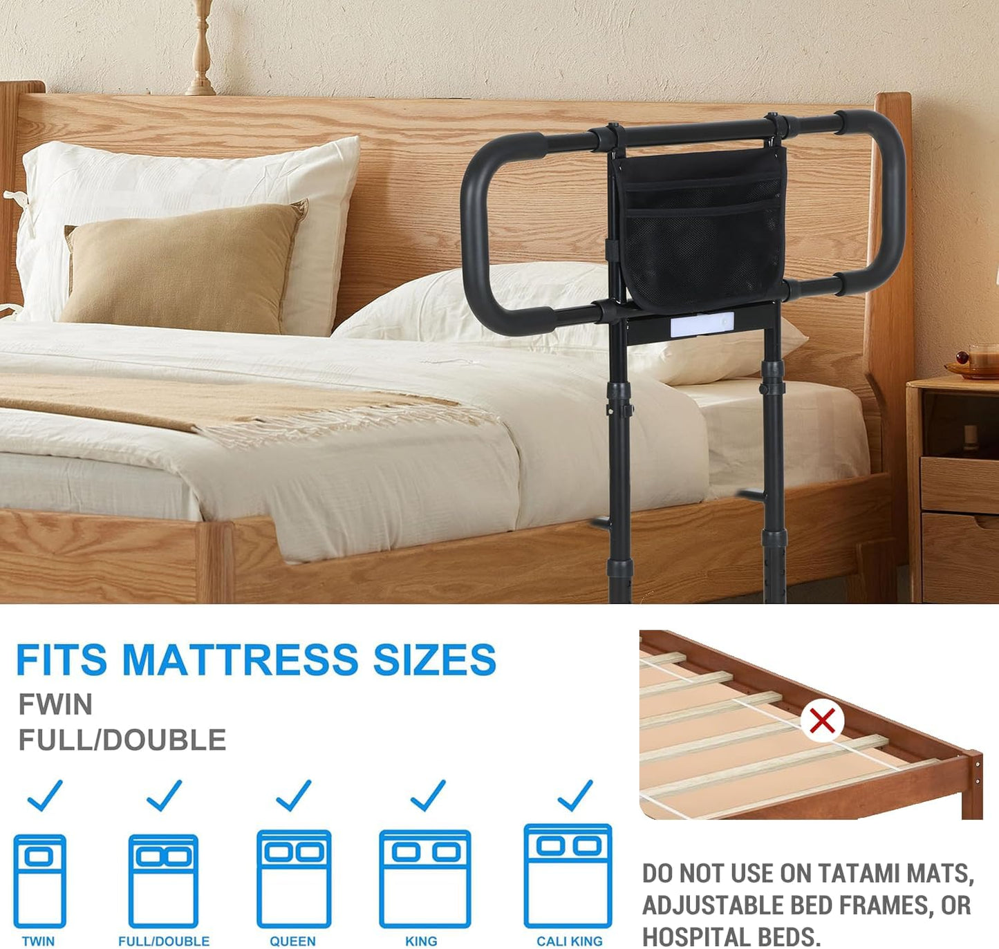 Bed Rails for Elderly Safety – Grab Bar with Pocket & Motion Sensor Light, Fits King/Queen/Full/Twin (Black)