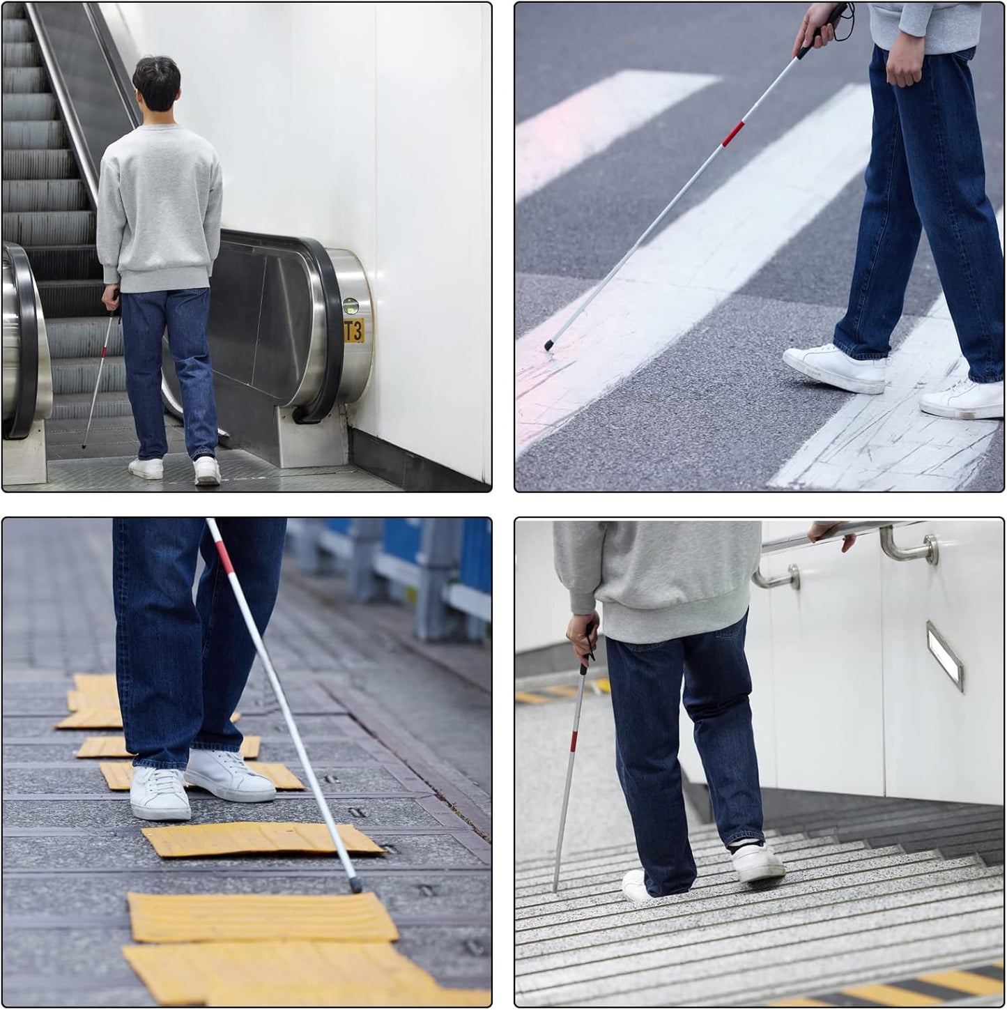 48" Folding Aluminum Blind Cane with Red Reflective Tape – Non-Slip, Collapsible Walking Stick for the Visually Impaired