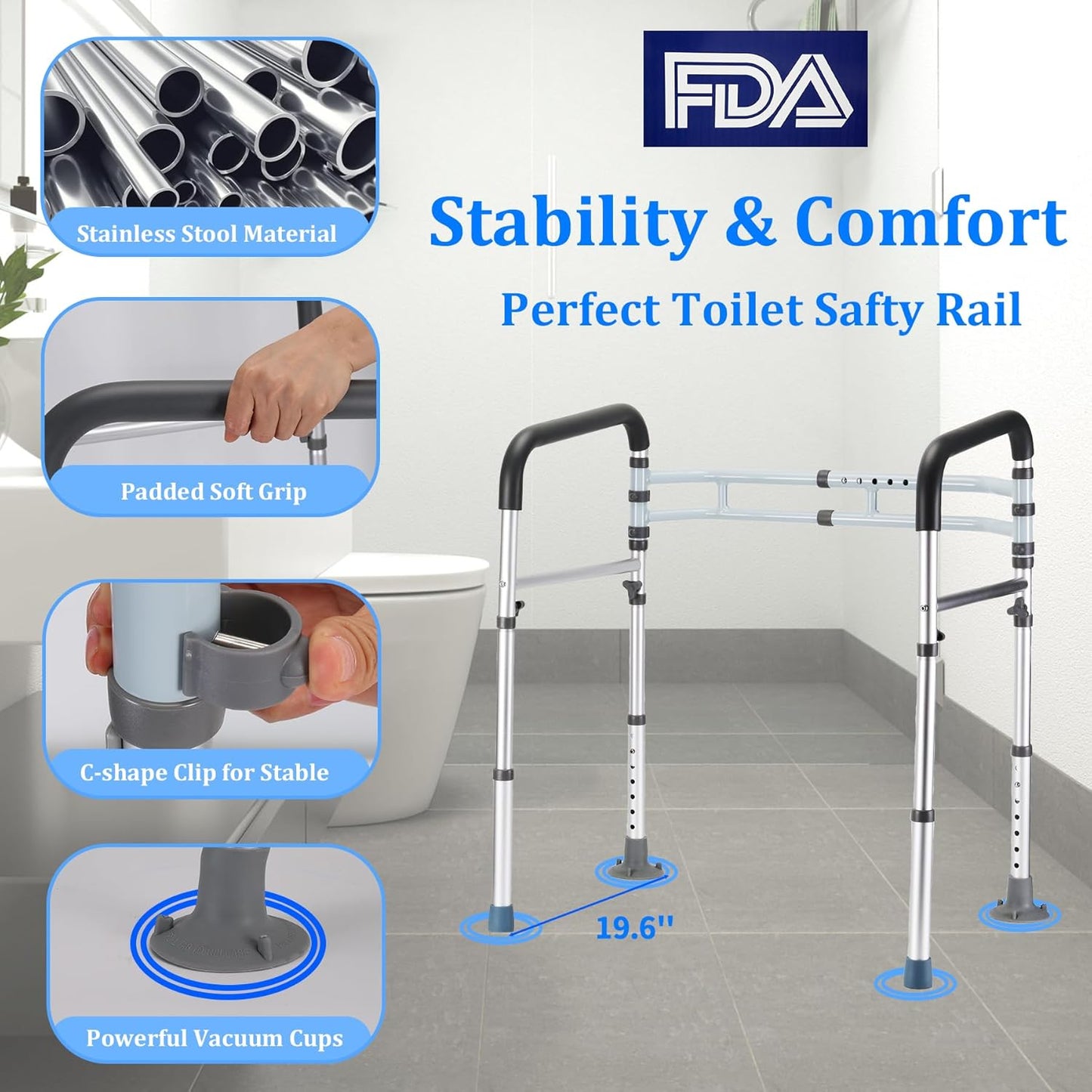 Toilet Safety Rail – Adjustable Heavy-Duty Handles, Detachable, Fits Most Toilets