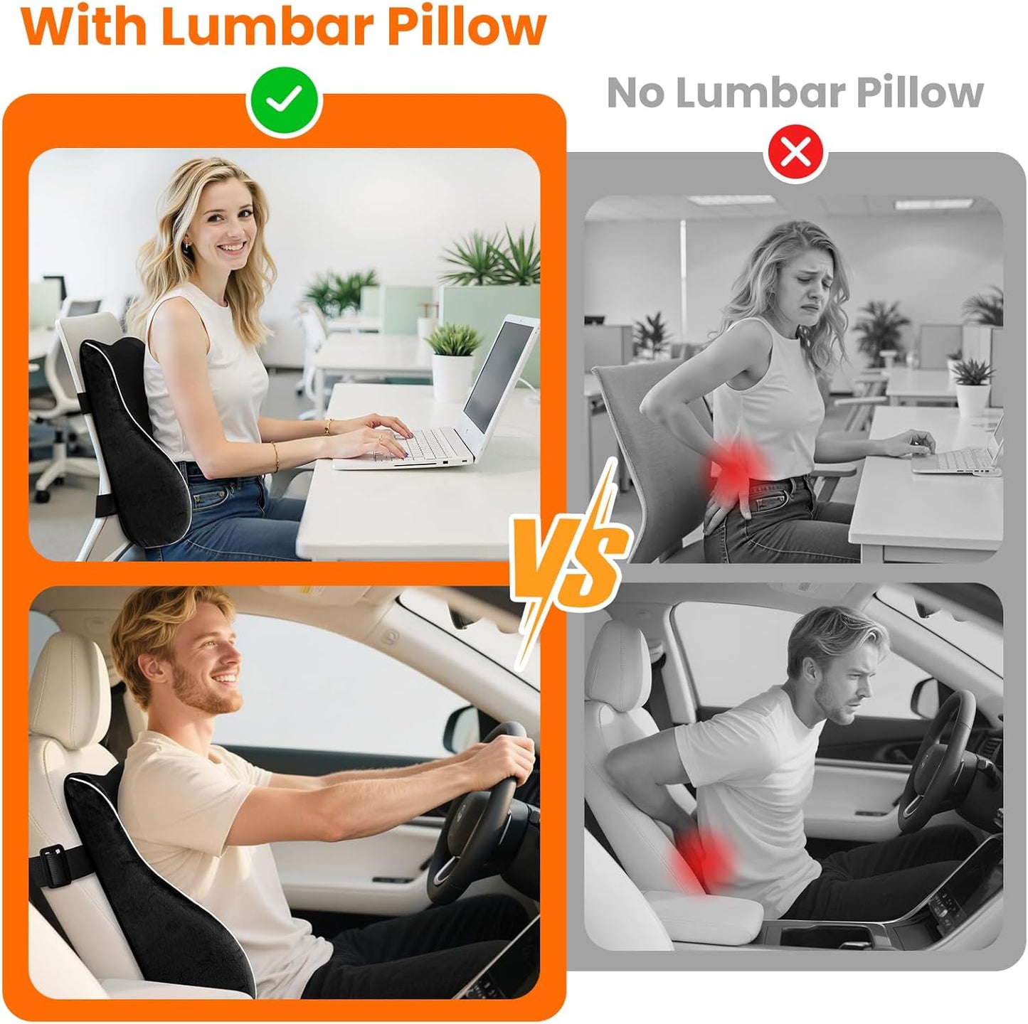 CloudBliss Lumbar Pillow – Memory Foam Back Support with Adjustable Straps & Mesh Cover for Office, Car, Gaming (Black)