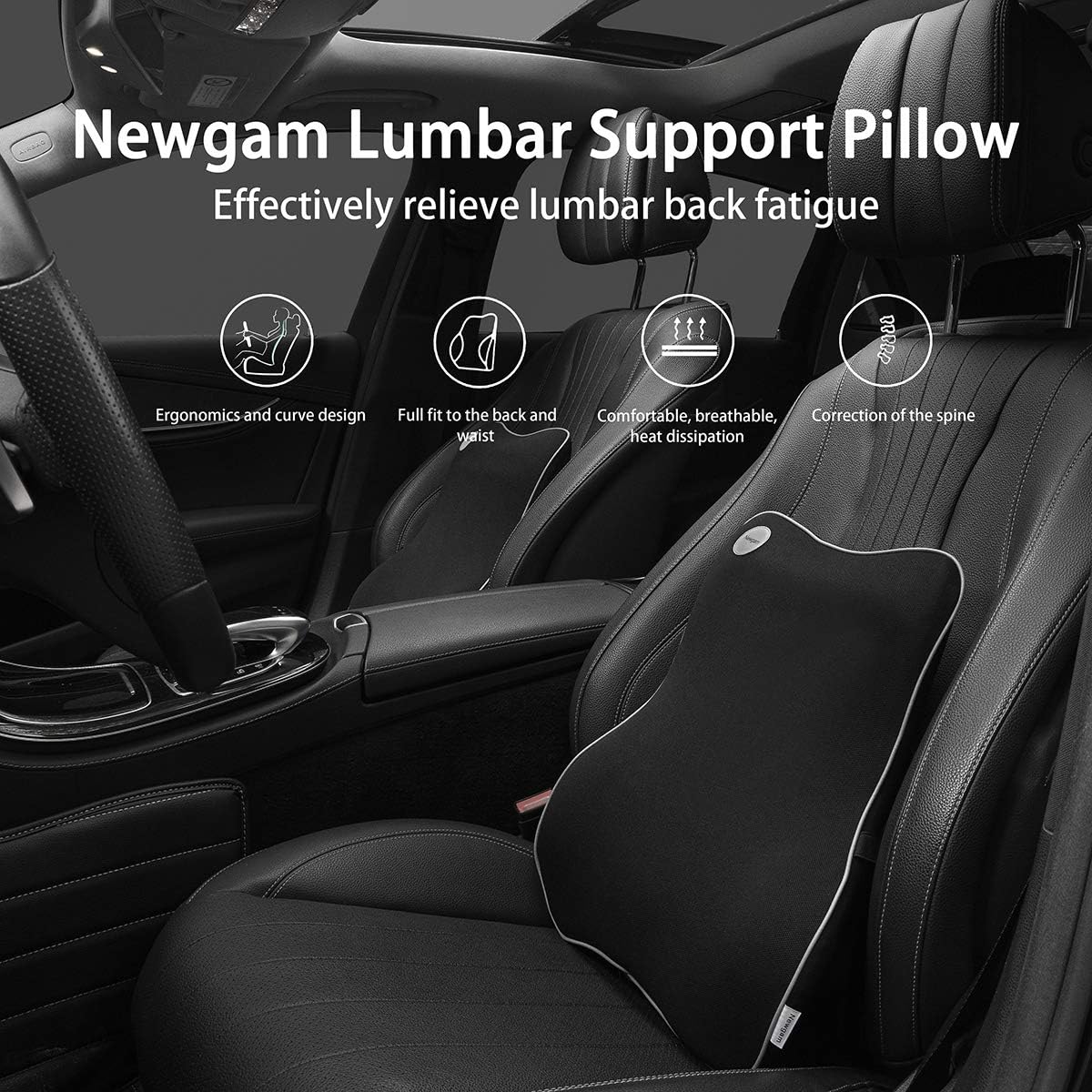 Lumbar Support Pillow – Memory Foam Back Cushion with Breathable Mesh, Ergonomic Design for Car, Office, Wheelchair, Recliner (Grey Edge)