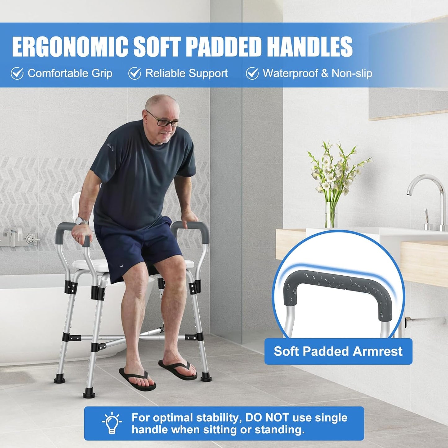500 lbs Extra-Wide Adjustable Shower Chair with Padded Armrests & Back, Anti-Slip Crossbar Seat for Adults, Elderly, Disabled