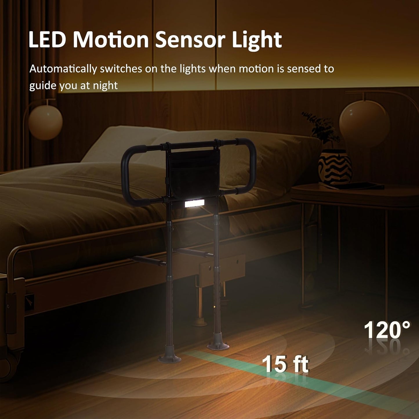 Bed Rails for Elderly Safety – Grab Bar with Pocket & Motion Sensor Light, Fits King/Queen/Full/Twin (Black)