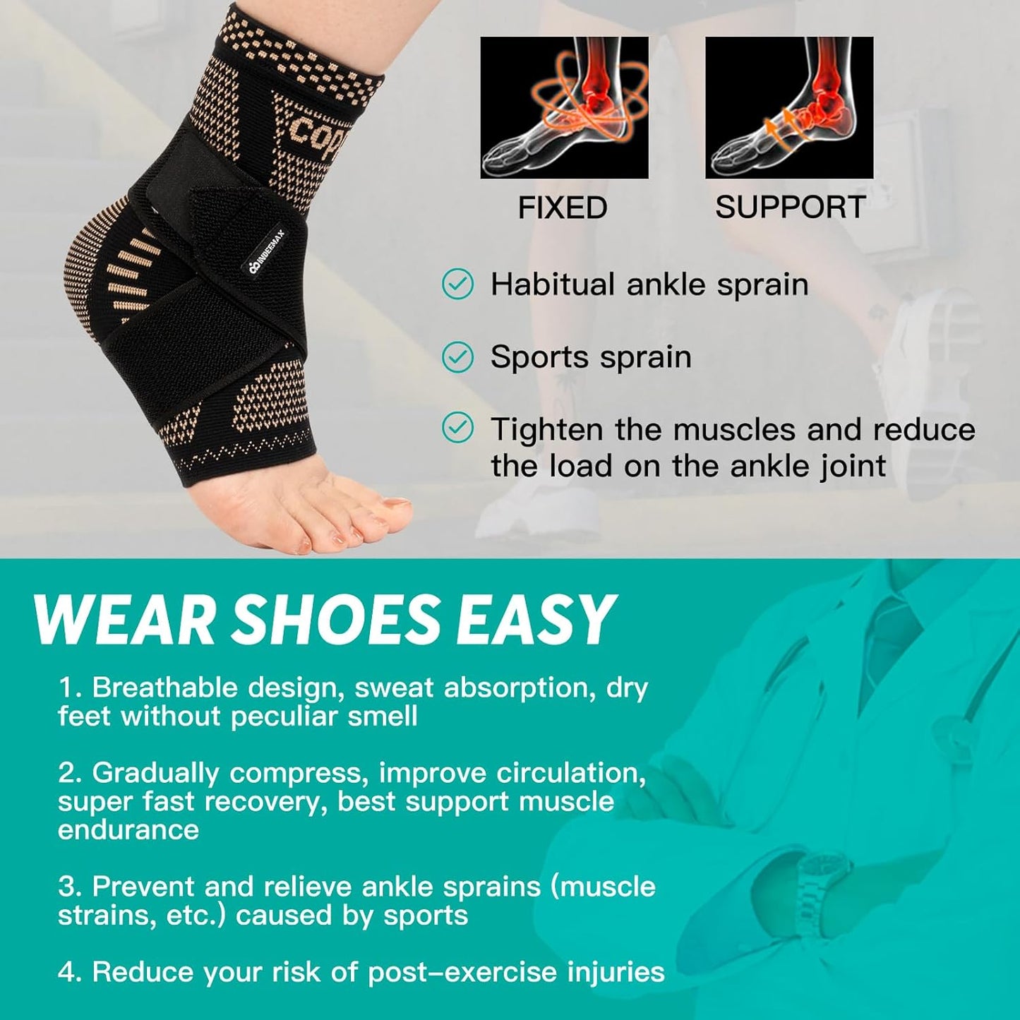 INDEEMAX Copper-Infused Ankle Brace – Compression Support for Sprains, Plantar Fasciitis, Achilles Pain Relief (Black, M)