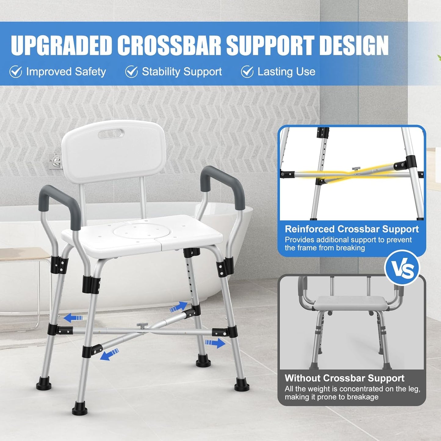 500 lbs Extra-Wide Adjustable Shower Chair with Padded Armrests & Back, Anti-Slip Crossbar Seat for Adults, Elderly, Disabled