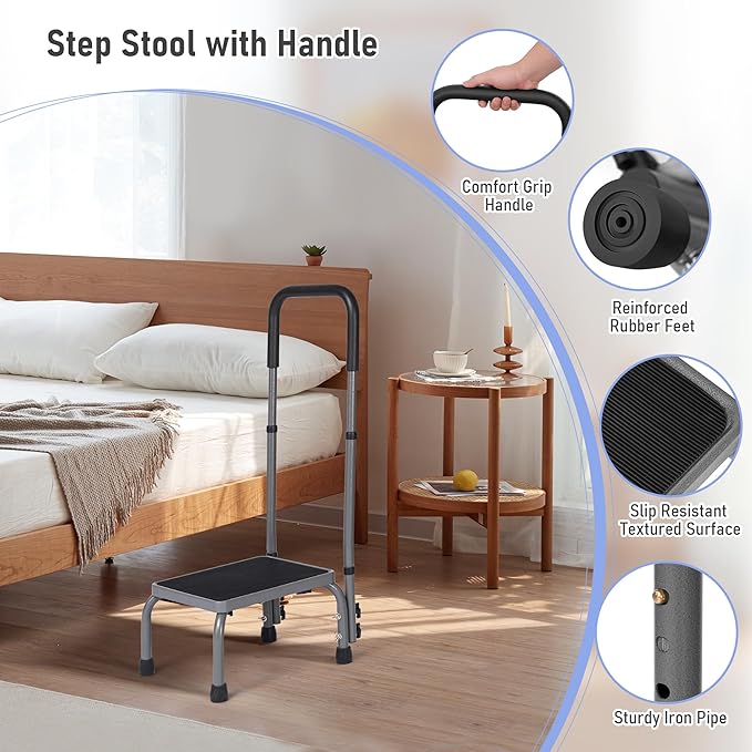 Step Stool with Handle, Adjustable Foot Stool with Non-Slip Rubber Feet, Sturdy Step Stool for Elderly, Adult, Kids, 300 lbs Capacity at Kitchen, Bedroom, Bathroom, Car