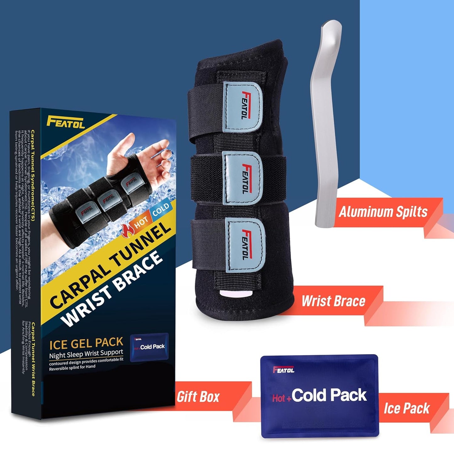 FEATOL Wrist Brace – Carpal Tunnel & Pain Relief with Splint, Adjustable Straps, Hot/Ice Pack, Left Hand S/M, Women & Men