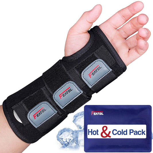 FEATOL Wrist Brace – Carpal Tunnel & Pain Relief with Splint, Adjustable Straps, Hot/Ice Pack, Left Hand S/M, Women & Men