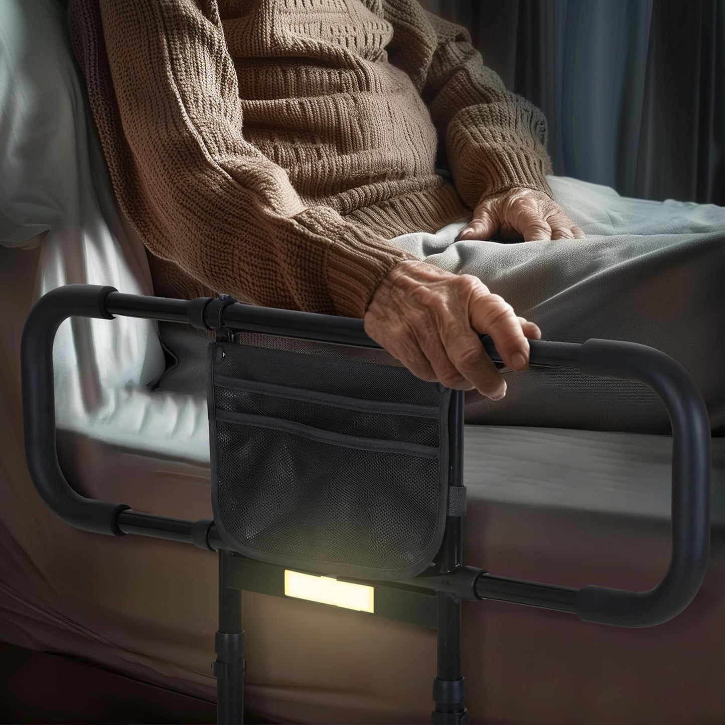 Bed Rails for Elderly Safety – Grab Bar with Pocket & Motion Sensor Light, Fits King/Queen/Full/Twin (Black)