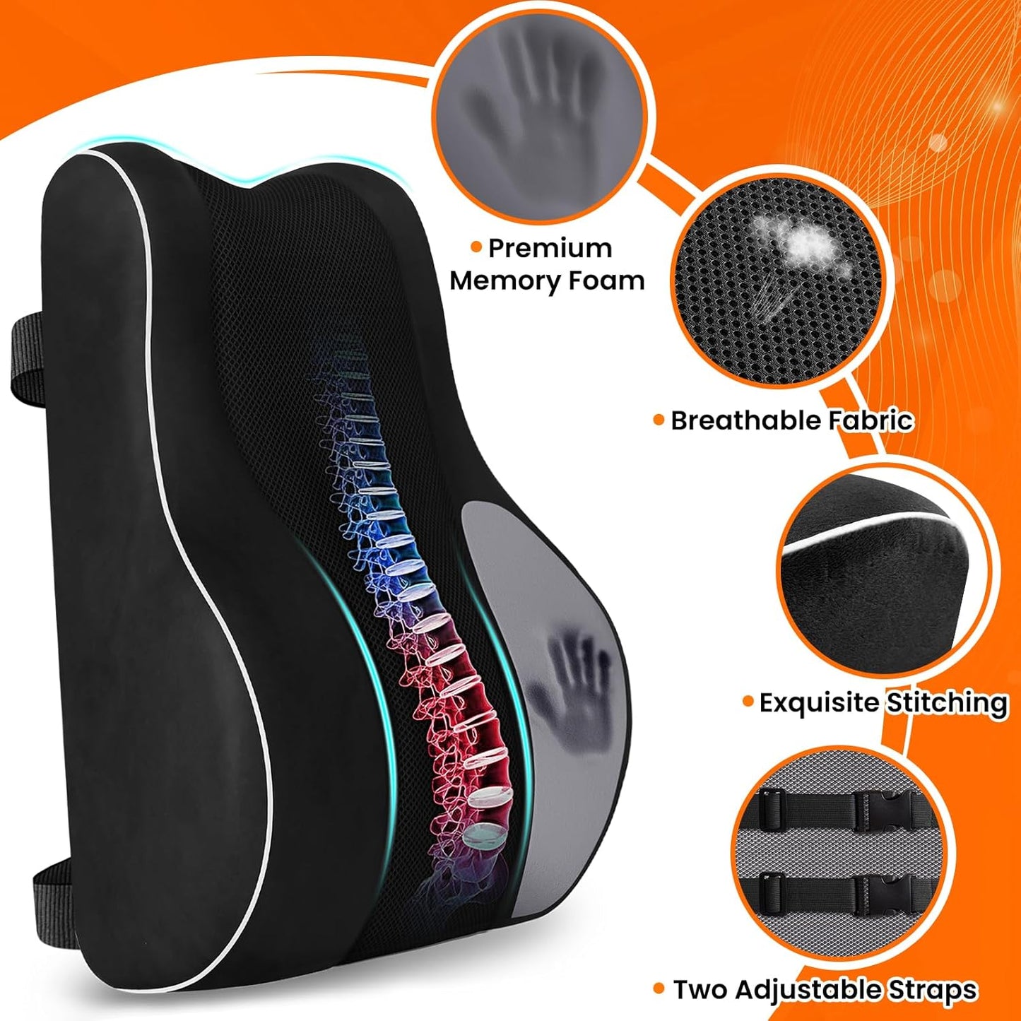 CloudBliss Lumbar Pillow – Memory Foam Back Support with Adjustable Straps & Mesh Cover for Office, Car, Gaming (Black)