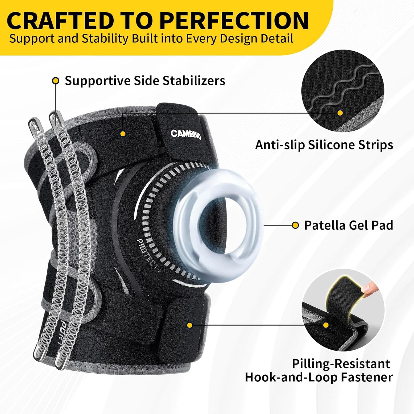 CAMBIVO ELITE Knee Brace with Side Stabilizers & Patella Gel Pads – Maximum Support for Knee Pain & Meniscus Tears (Black, Large)