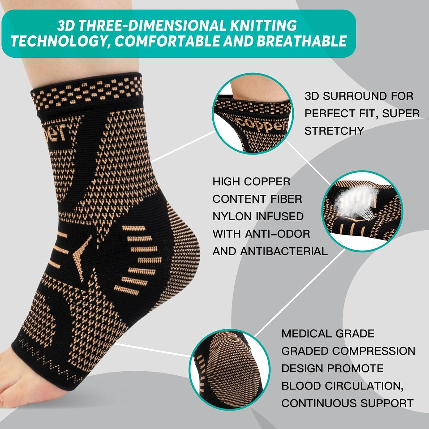 INDEEMAX Copper-Infused Ankle Brace – Compression Support for Sprains, Plantar Fasciitis, Achilles Pain Relief (Black, M)