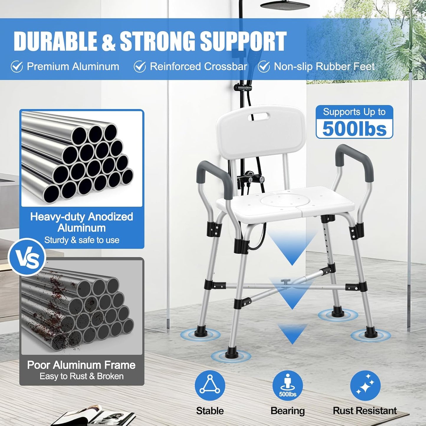 500 lbs Extra-Wide Adjustable Shower Chair with Padded Armrests & Back, Anti-Slip Crossbar Seat for Adults, Elderly, Disabled
