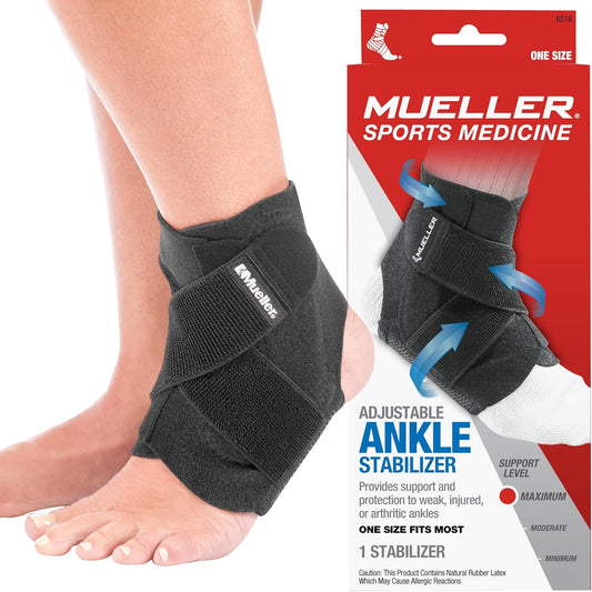 MUELLER Adjustable Ankle Brace – Compression & Support for Sprains, Strains, Arthritis, Men & Women, One Size (Black)