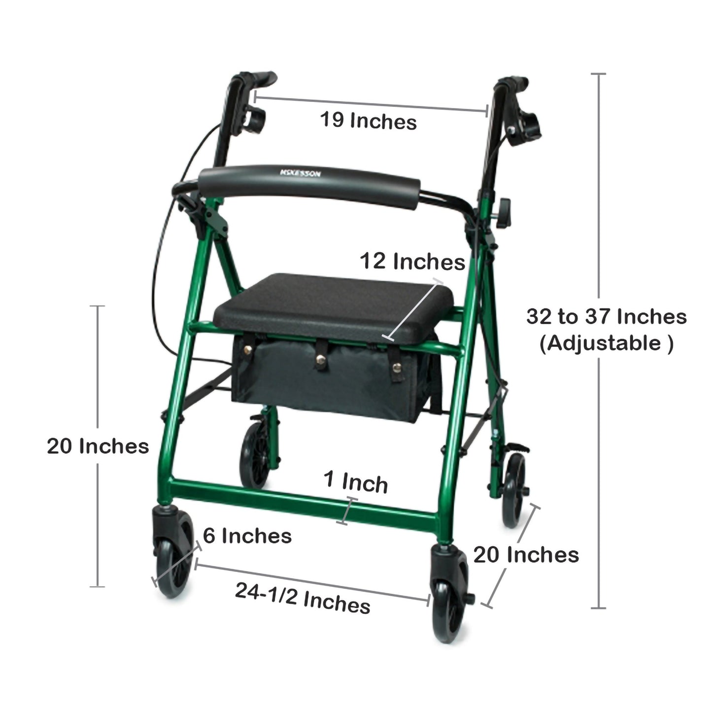 4-Wheel Rollator McKesson Green Adjustable Height / Folding Aluminum Frame