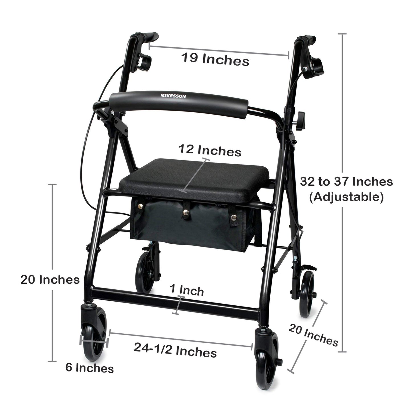 4-Wheel Rollator McKesson Black Adjustable Height / Folding Aluminum Frame