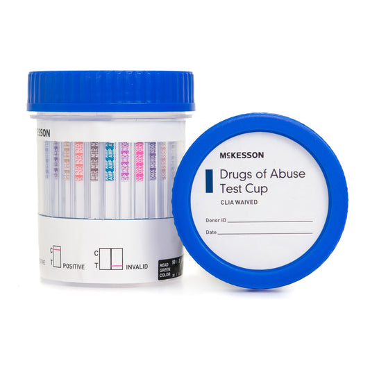 Drugs of Abuse Test Kit McKesson AMP, BAR, BUP, BZO, COC, mAMP/MET, MDMA, MOP300, MTD, OXY, PCP, THC (OX, pH, SG) 25 Tests CLIA Waived Each