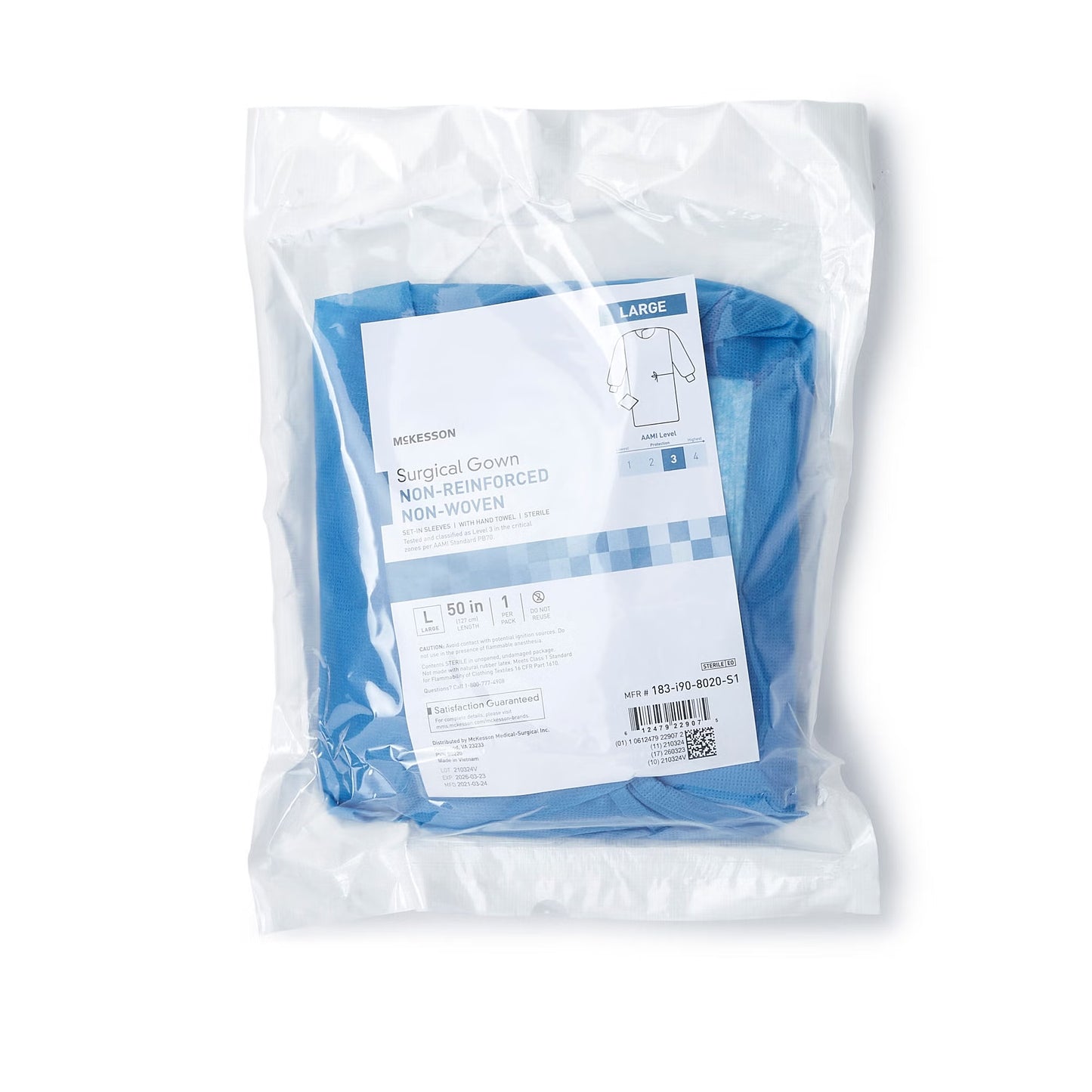 Non-Reinforced Surgical Gown with Towel McKesson Large Blue Sterile AAMI Level 3 Disposable