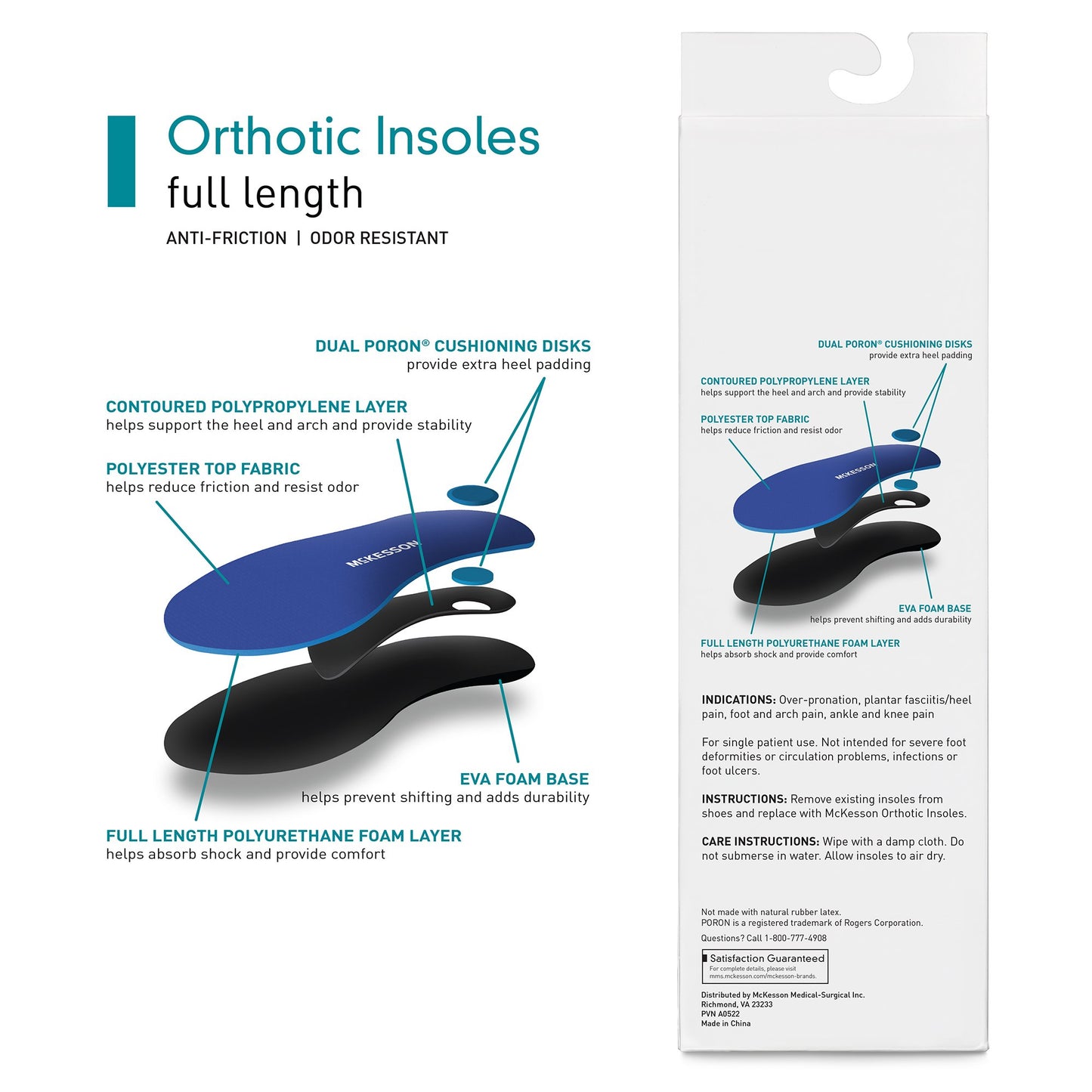 Orthotic Insole McKesson Full Length EVA / Polyester / Polypropylene / Poron® Women 9 to 9.5 / Men 7 to 7.5 Black / Blue