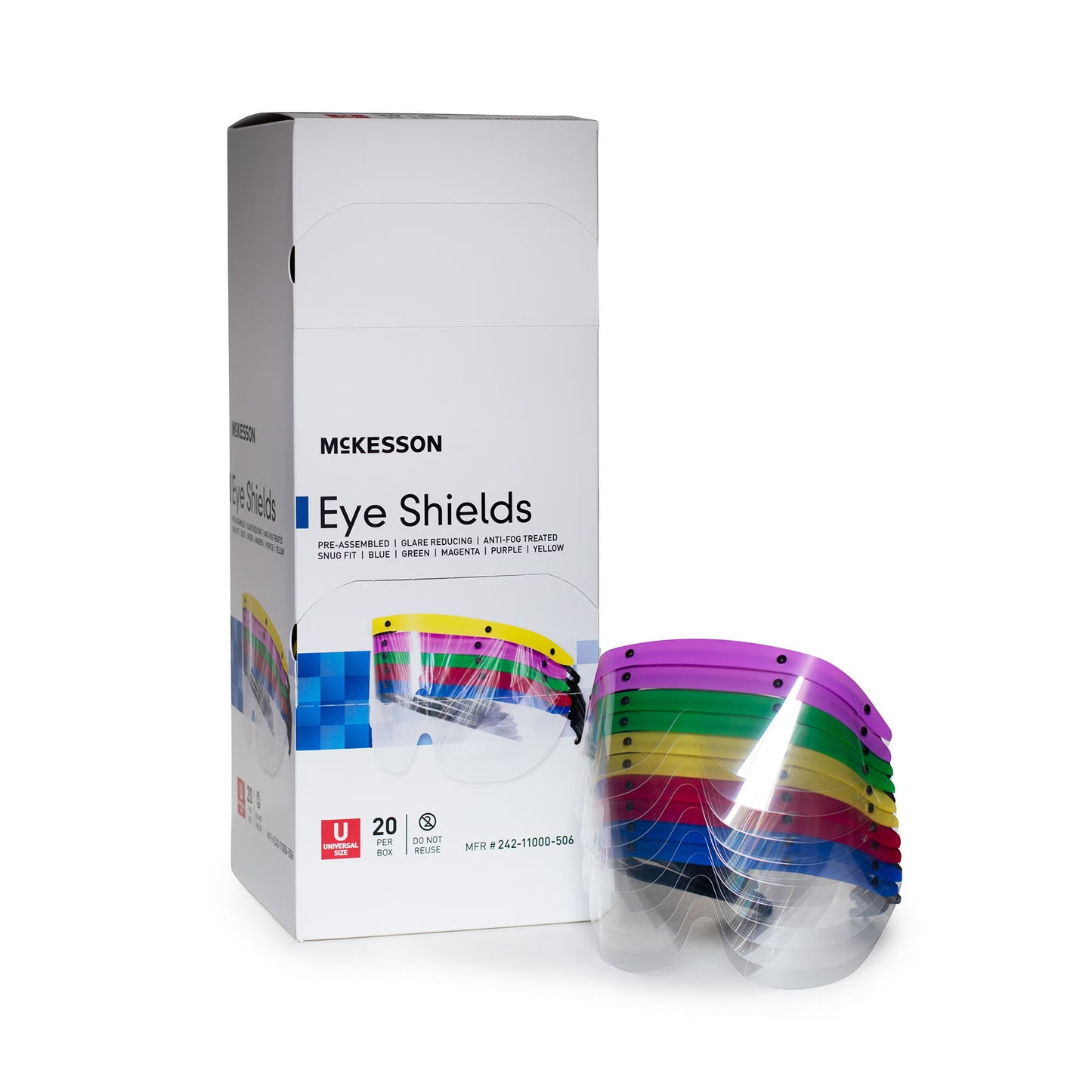 Eye Shield with Dispenser McKesson Pre-Assembled Anti-fog / Anti-glare / Anti-static Coating Clear Tint Plastic Film Lens Black Frame Over Ear One Size Fits Most.20 per dispensing box,