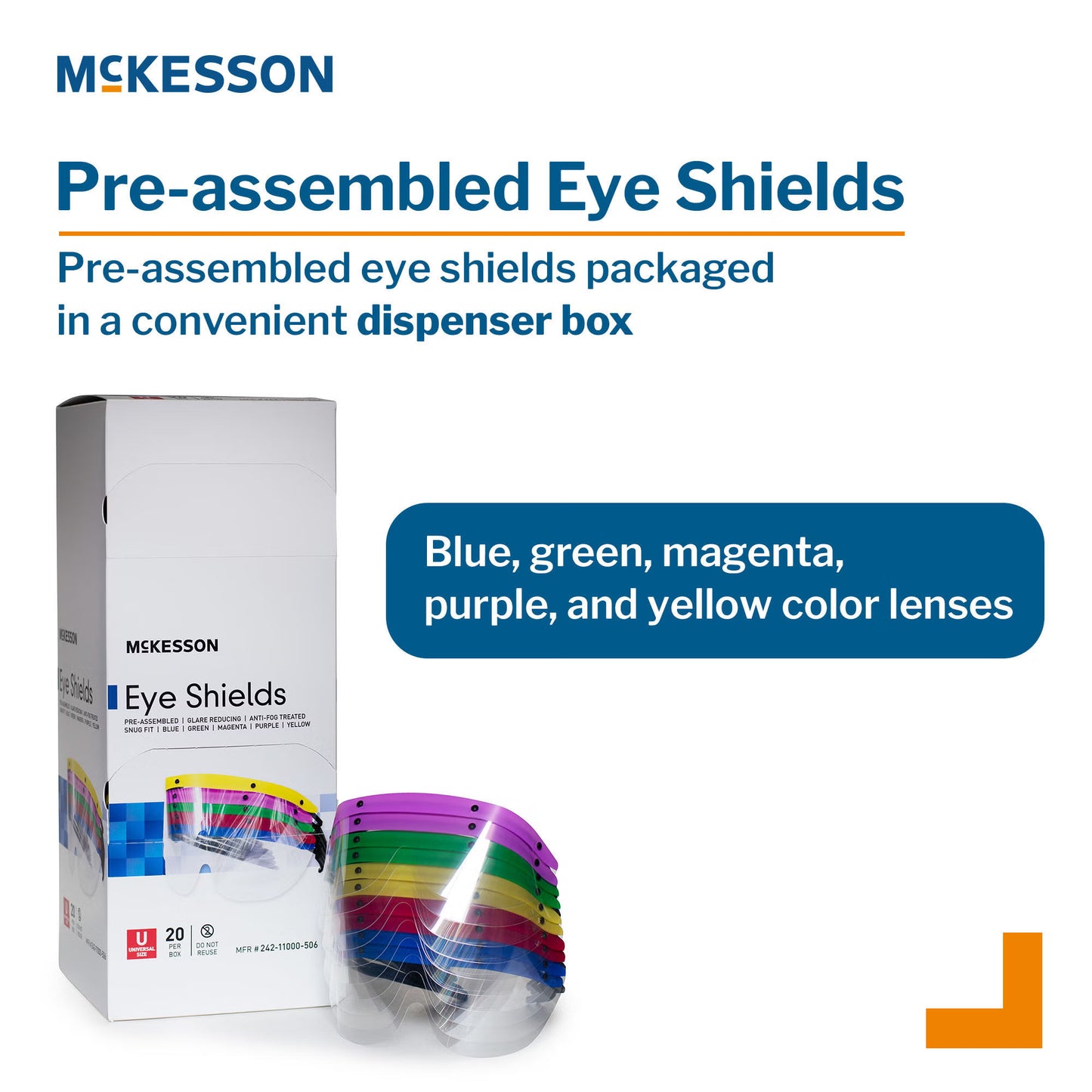 Eye Shield with Dispenser McKesson Pre-Assembled Anti-fog / Anti-glare / Anti-static Coating Clear Tint Plastic Film Lens Black Frame Over Ear One Size Fits Most.20 per dispensing box,