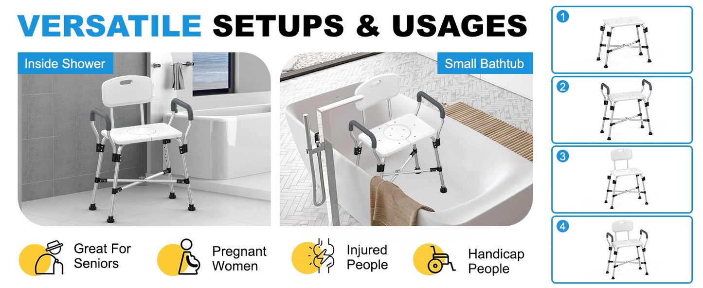 Extra Wide Shower Chair for Inside Shower with Arms and Back, 500 lbs Heavy Duty Shower Seat for Bathtub