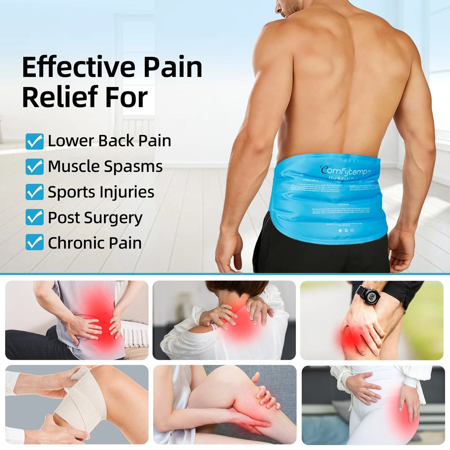 Comfytemp Large Ice Pack for Back Pain, Reusable Gel Hot Cold Therapy for Lumbar, Hips, Knee, Shoulder